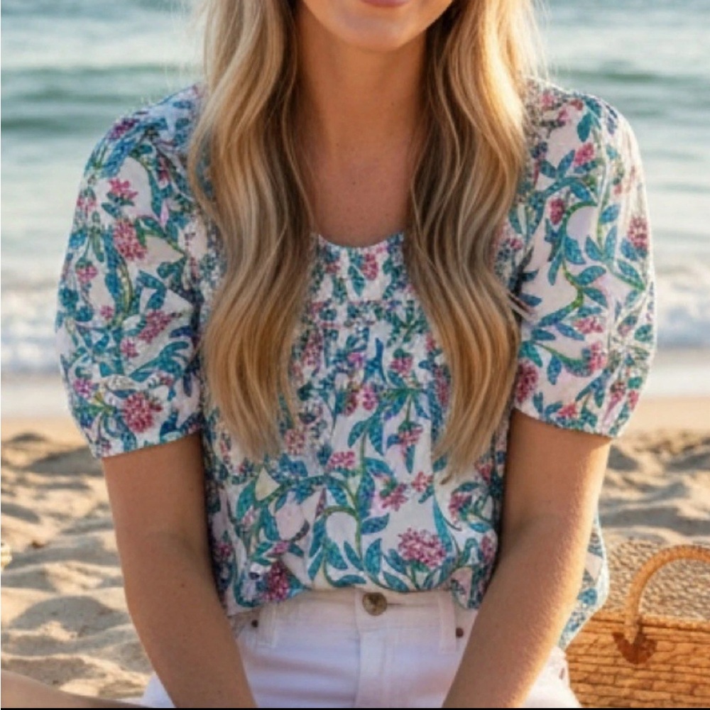 J. Crew Factory Cream Floral Puff-Sleeve Blouse with Pink and Teal Print
